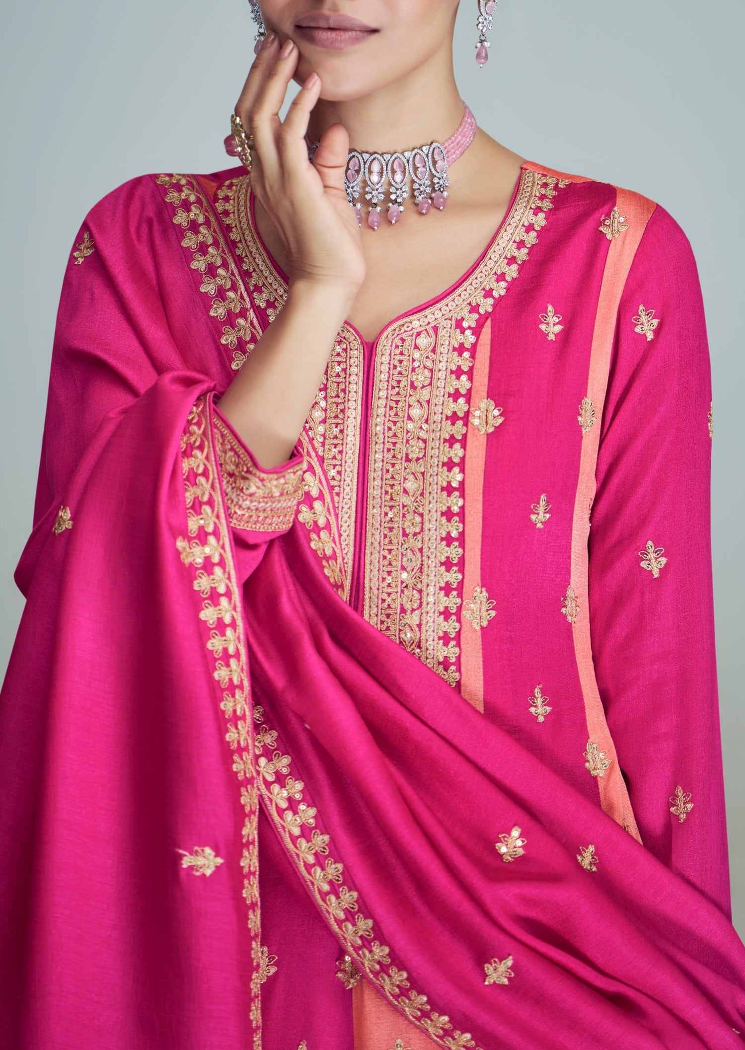 Buy Ganga Fashions Strawberry Ice Pink And Grey Bemberg Printed Silk Salwar  Suit (Set of 3) online